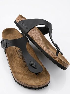 Birkenstock Black T‑strap Thong Sandals Tan Footbed Size EU 39 Reg Width US 8